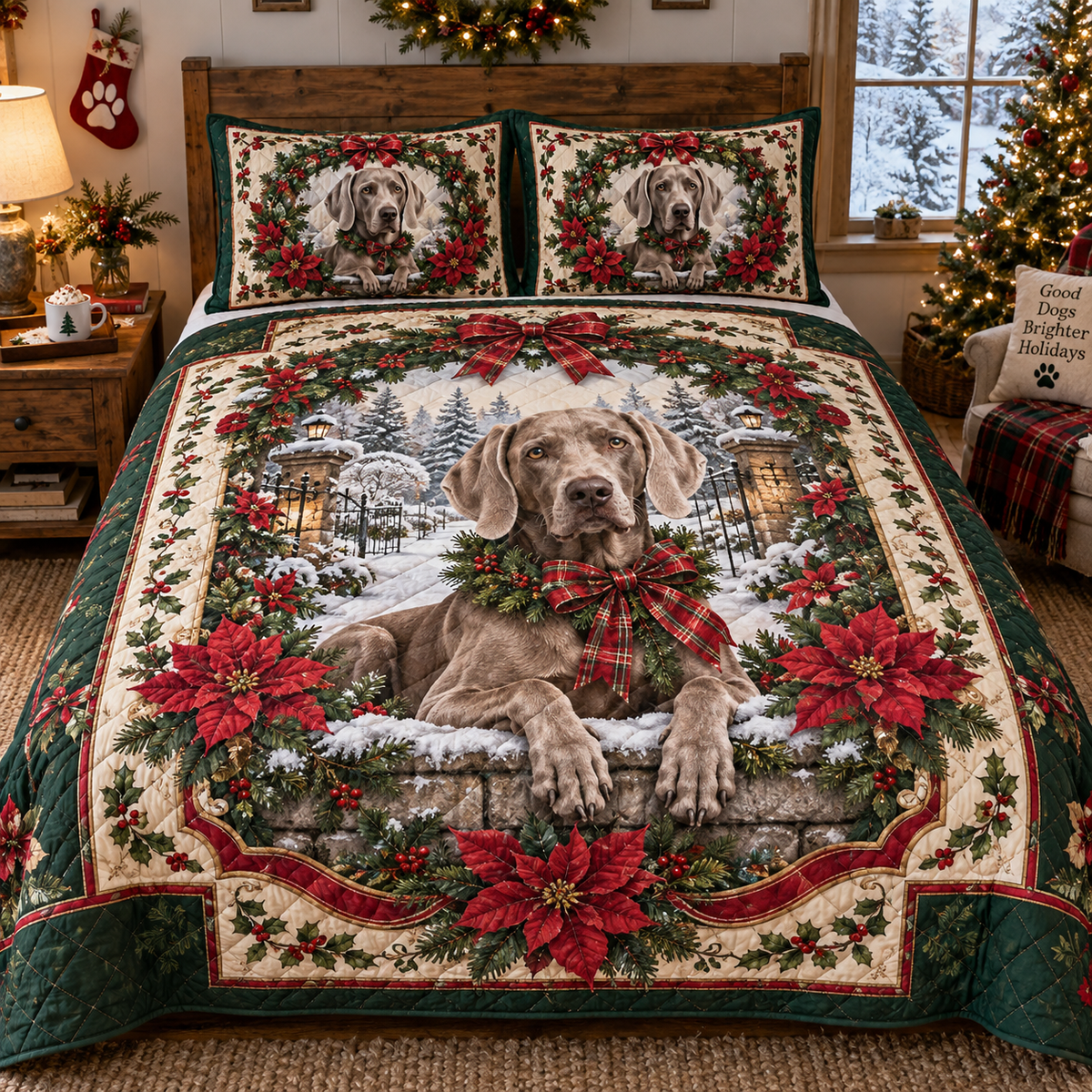 Weimaraner Christmas 3-Piece Quilted Bedding Set — digital product visualization
