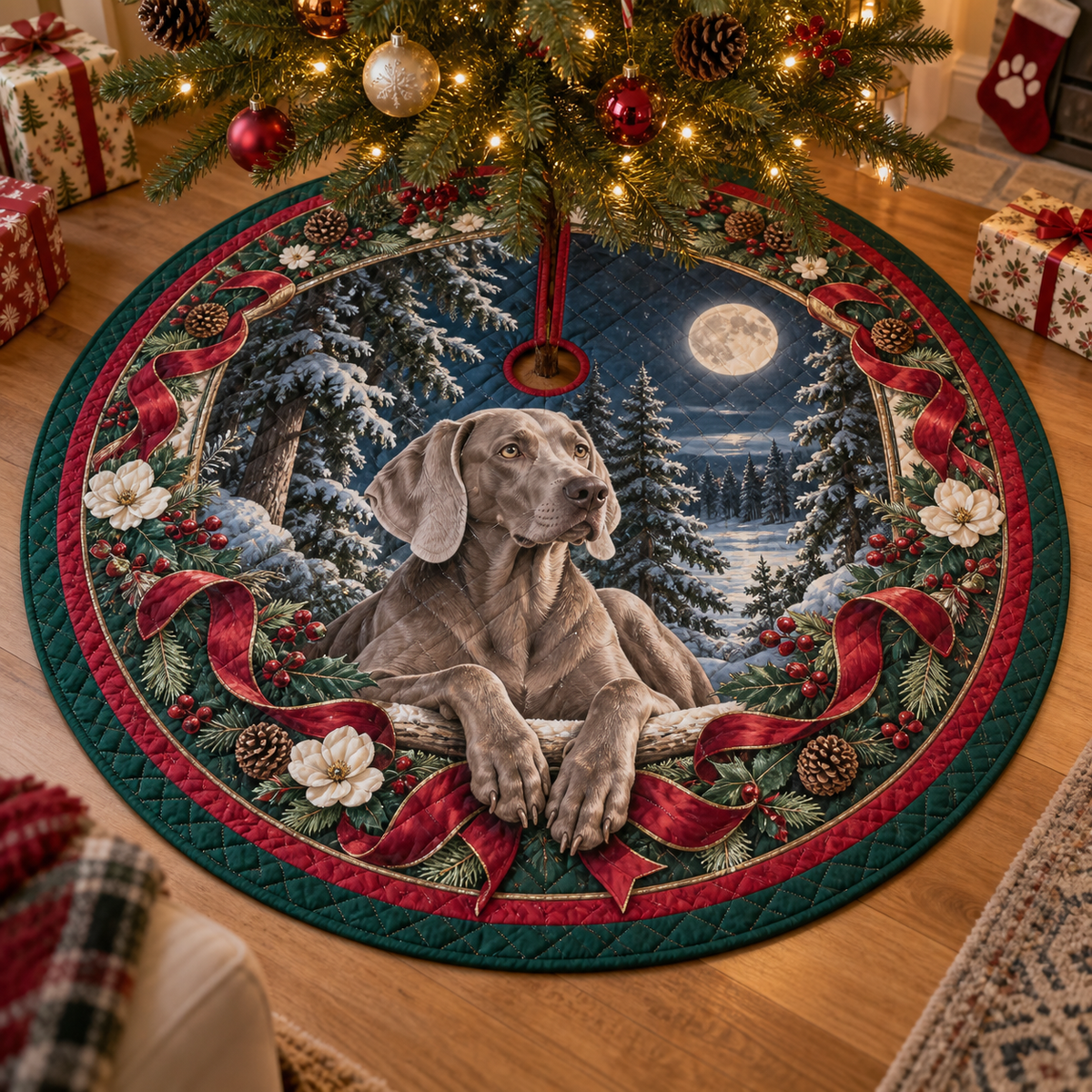 Weimaraner Quilted Christmas Tree Skirt — digital product visualization