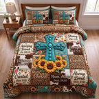 Western Bible Cross Gold quilted 3-piece bedding set on a made bed in a softly lit bedroom