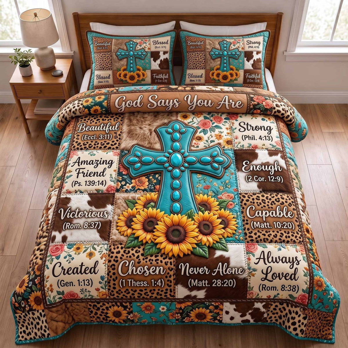 Western Bible Cross Gold quilted 3-piece bedding set on a made bed in a softly lit bedroom