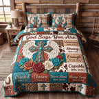 Western Bible Cross Rust quilted 3-piece bedding set on a made bed in a softly lit bedroom