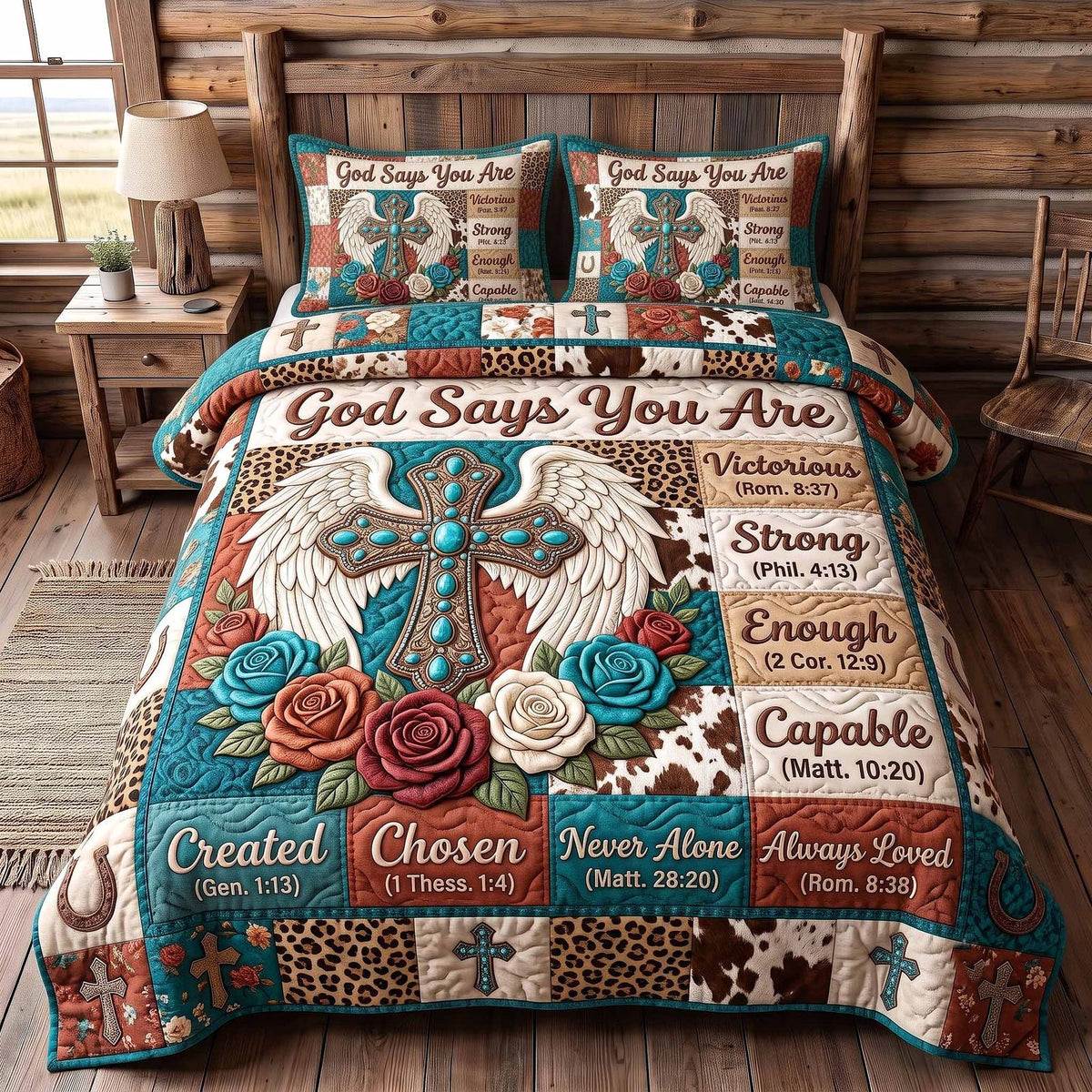 Western Bible Cross Rust quilted 3-piece bedding set on a made bed in a softly lit bedroom