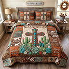 Western Bible Cross Teal quilted 3-piece bedding set on a made bed in a softly lit bedroom