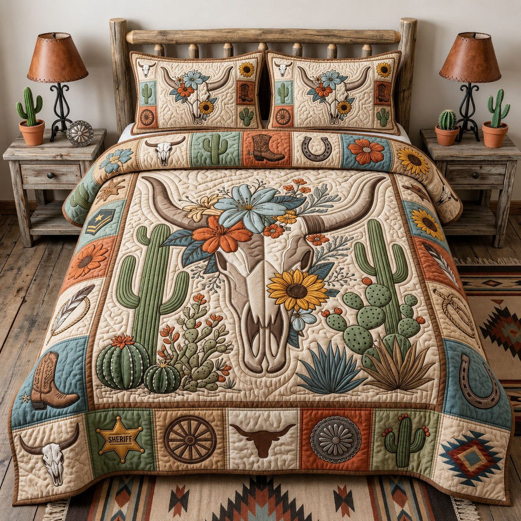 Western Bull Skull Cactus quilted 3-piece bedding set on a made bed against a dark styled interior
