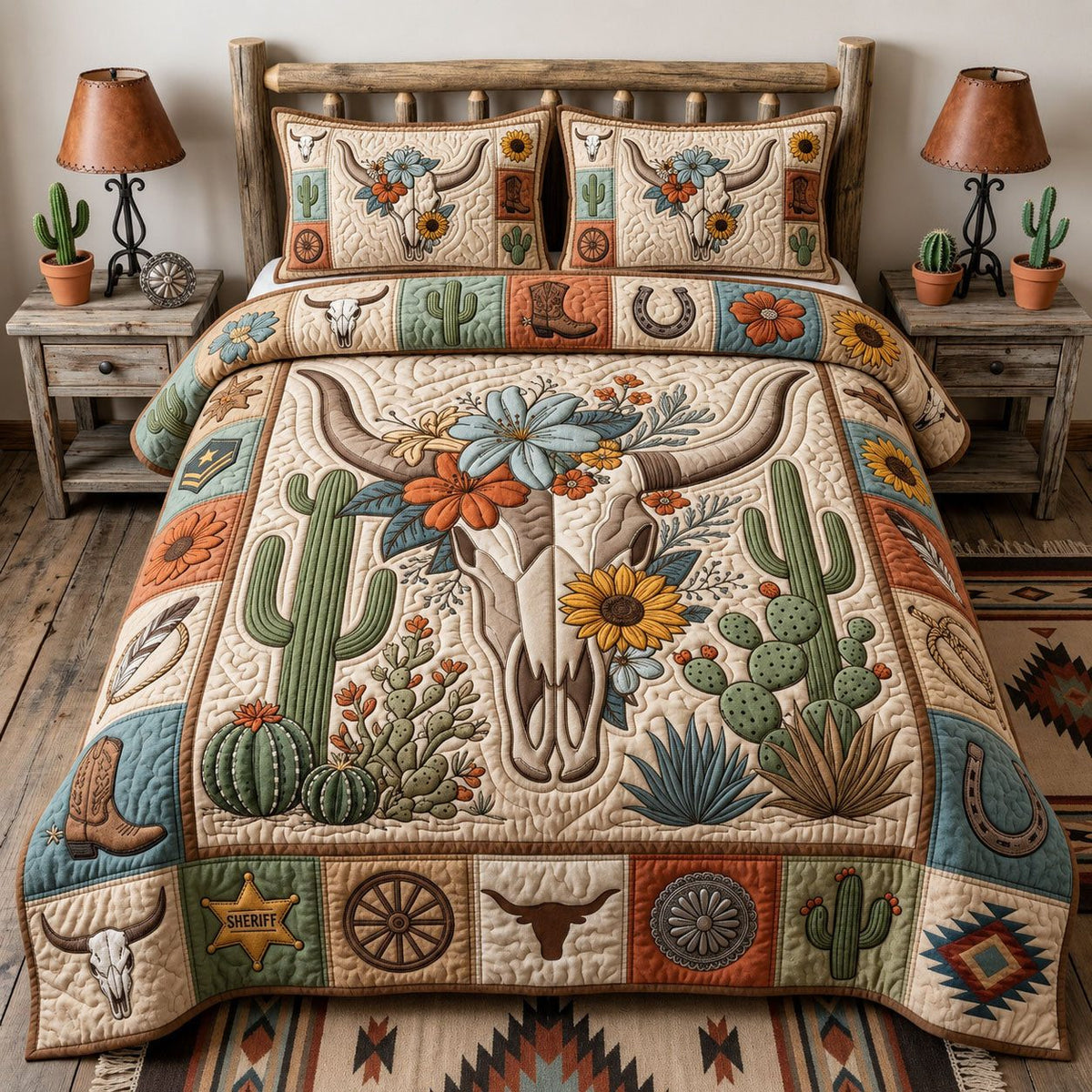 Western Bull Skull Cactus quilted 3-piece bedding set on a made bed against a dark styled interior