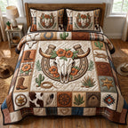 Western Bull Skull Horseshoe quilted 3-piece bedding set on a made bed against a dark styled interior