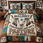Western Bull Skull Pasture Quote quilted 3-piece bedding set on a made bed against a dark styled interior