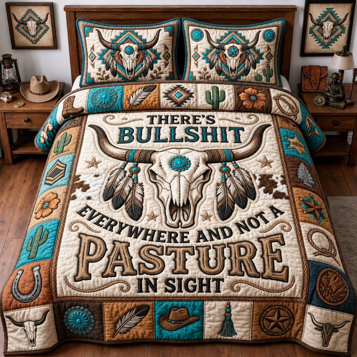 Western Bull Skull Pasture Quote quilted 3-piece bedding set on a made bed against a dark styled interior