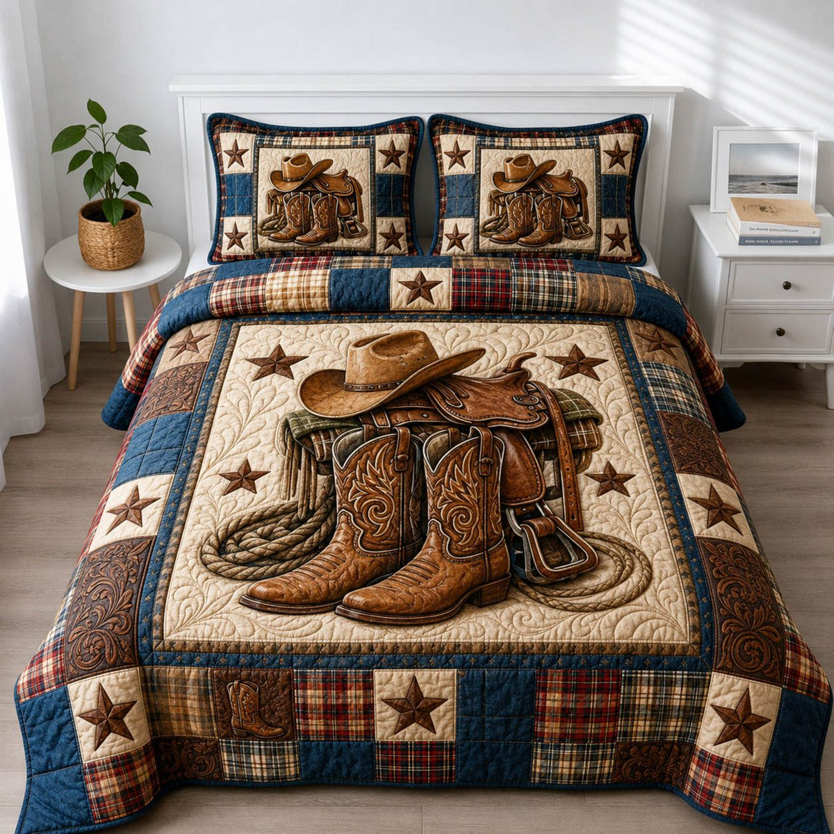 Western Cowboy Boots quilted 3-piece bedding set on a made bed in a rustic timber bedroom