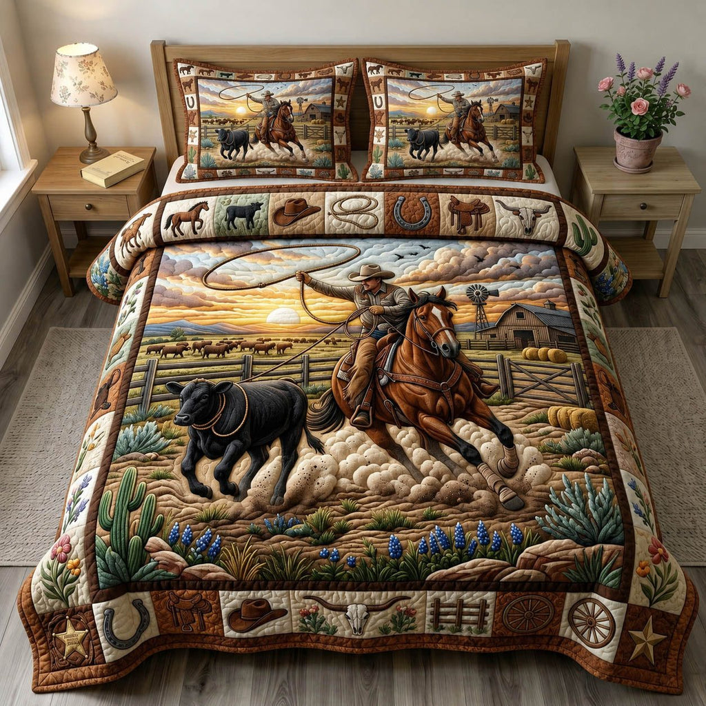 Western Cowboy Cattle Rope quilted 3-piece bedding set on a made bed in a rustic timber bedroom
