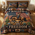Western Cowboy Raised Freedom quilted 3-piece bedding set on a made bed in a warmly lit bedroom