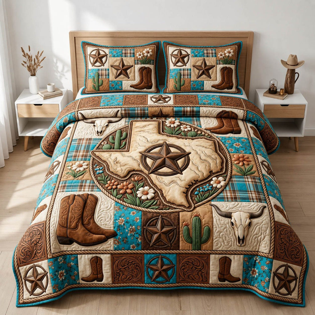 Western Cowboy Star quilted 3-piece bedding set on a made bed in a rustic timber bedroom