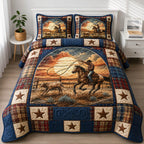 Western Cowboy Sunset quilted 3-piece bedding set on a made bed in a rustic timber bedroom