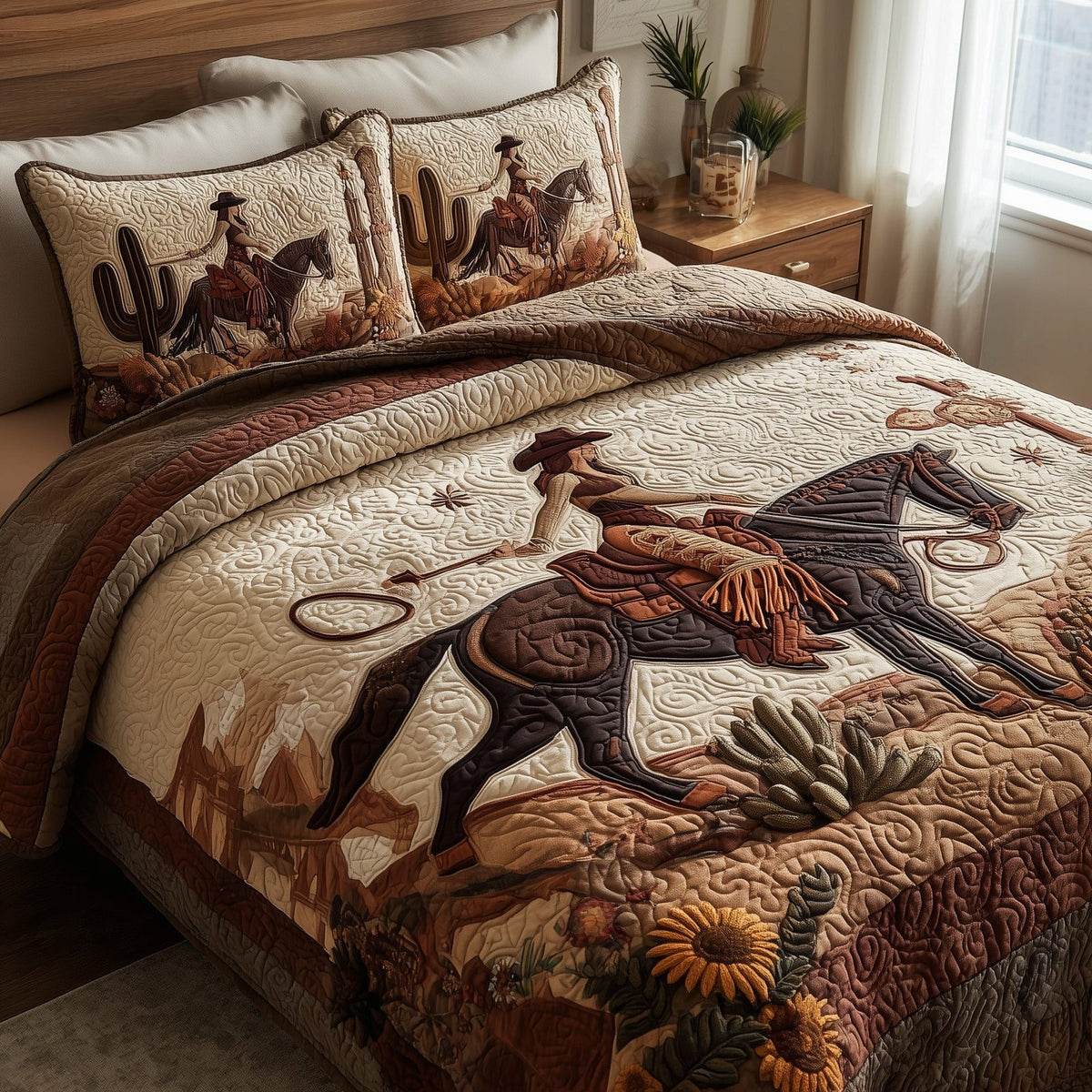 Western Cowgirl Field quilted 3-piece bedding set on a made bed in a rustic timber bedroom