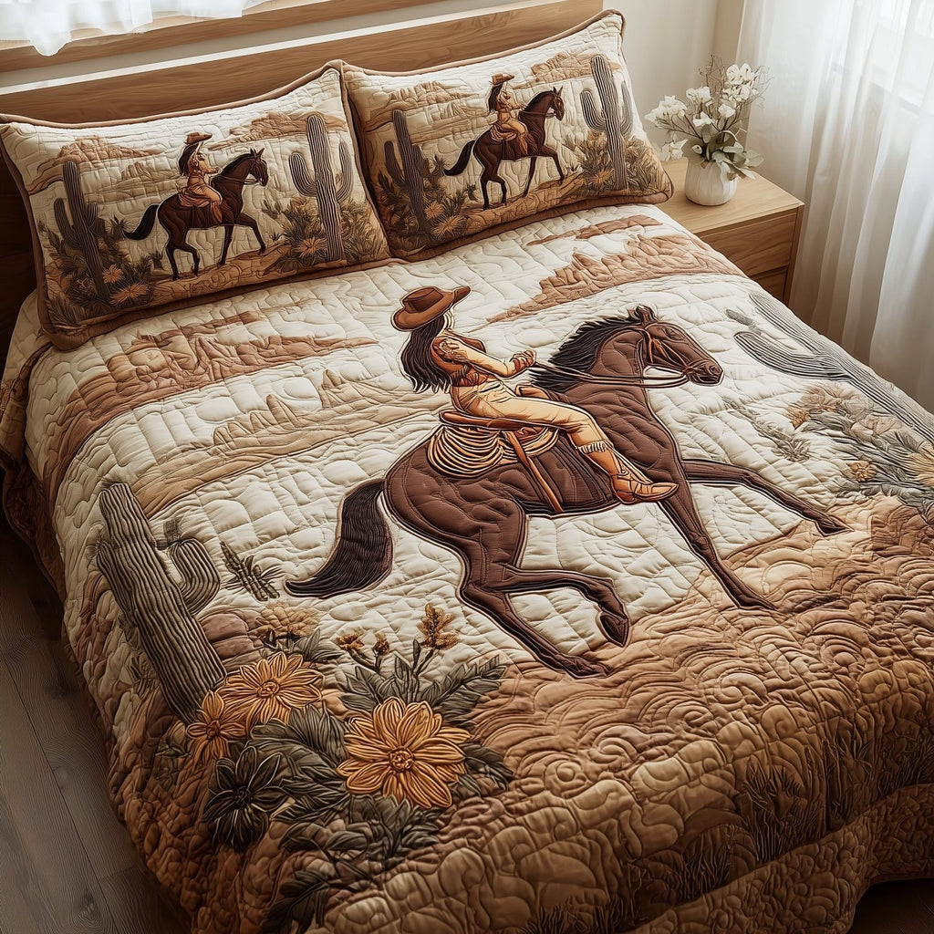 Western Cowgirl Gallop quilted 3-piece bedding set on a made bed in a rustic timber bedroom