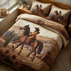 Western Cowgirl Ride quilted 3-piece bedding set on a made bed in a rustic timber bedroom