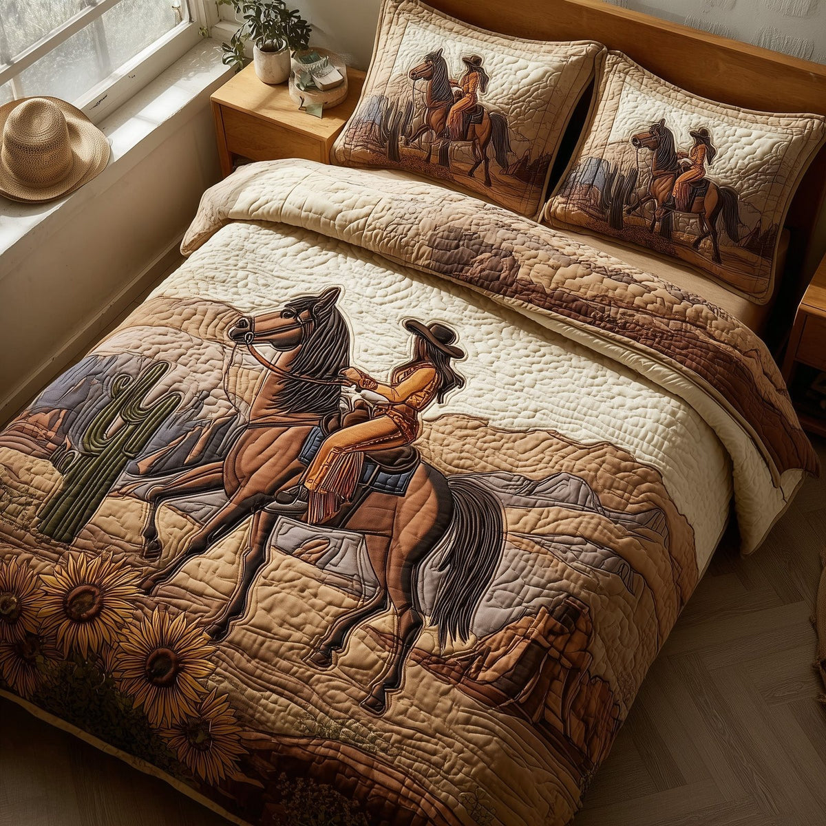 Western Cowgirl Ride quilted 3-piece bedding set on a made bed in a rustic timber bedroom