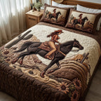 Western Cowgirl Rope quilted 3-piece bedding set on a made bed in a rustic timber bedroom