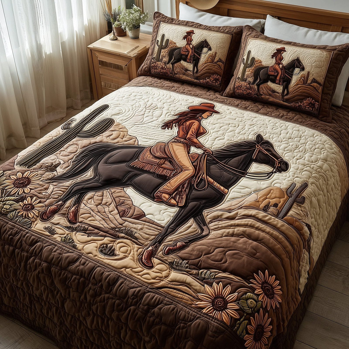 Western Cowgirl Rope quilted 3-piece bedding set on a made bed in a rustic timber bedroom