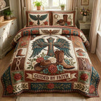 Western Faith Boots Cross quilted 3-piece bedding set on a made bed in a softly lit bedroom
