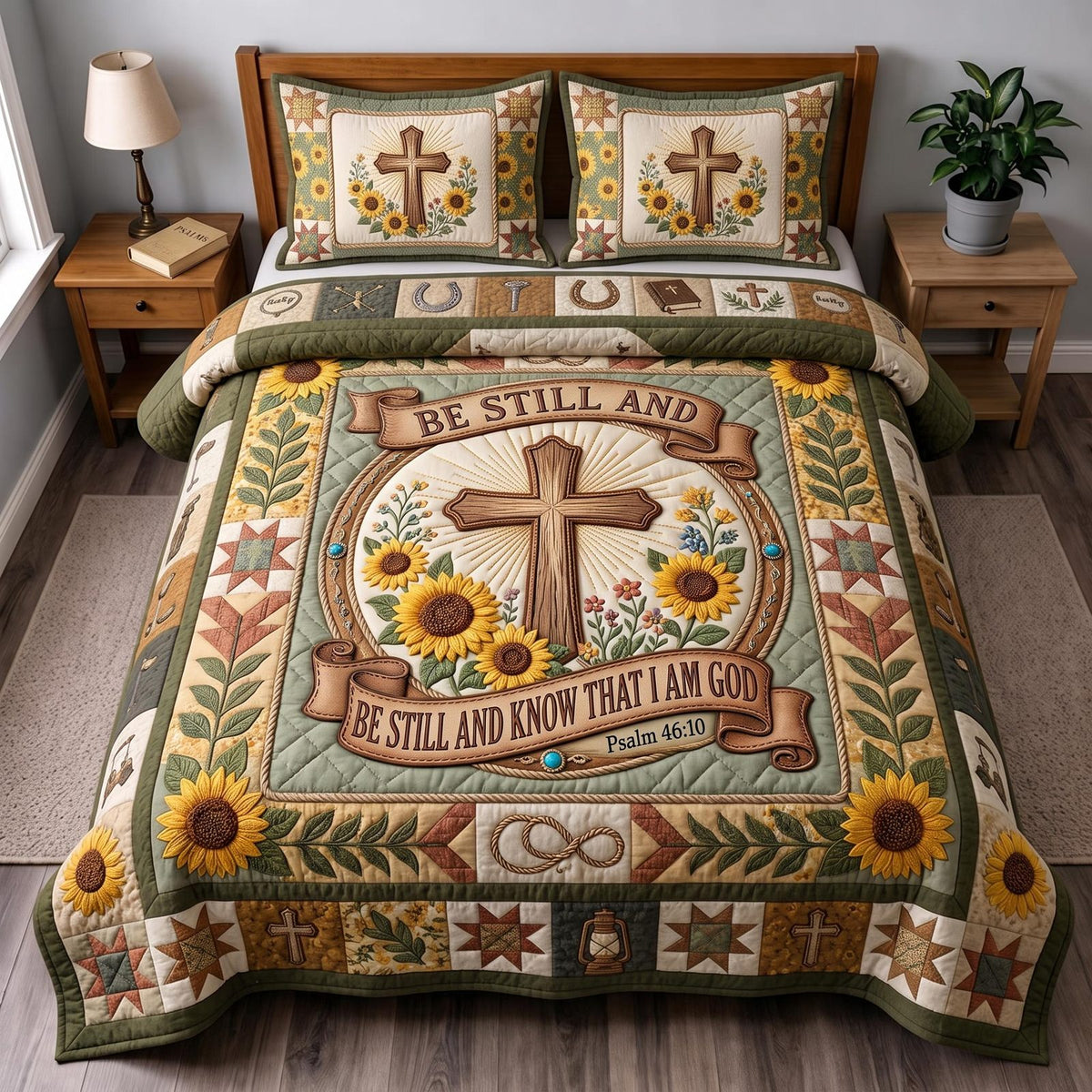 Western Faith Sunflower Cross quilted 3-piece bedding set on a made bed in a softly lit bedroom
