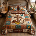Western Grace God Says Cream quilted 3-piece bedding set on a made bed in a softly lit bedroom
