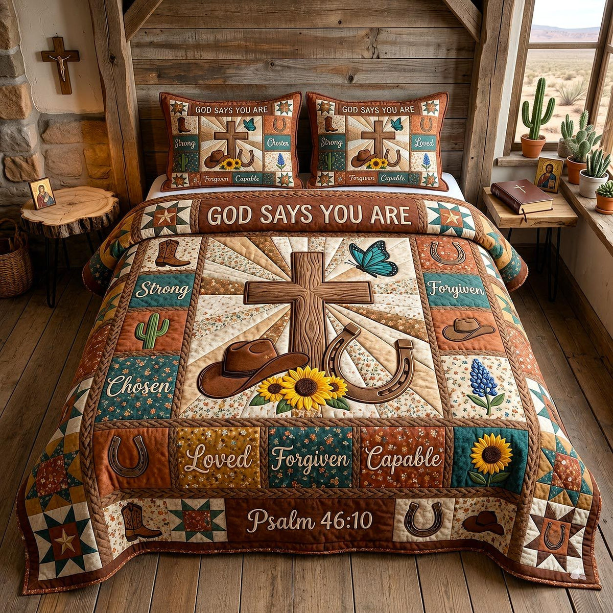 Western Grace God Says Cream quilted 3-piece bedding set on a made bed in a softly lit bedroom