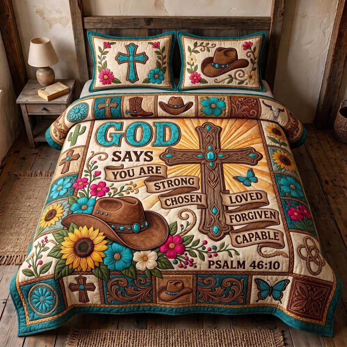 Western Grace God Says quilted 3-piece bedding set on a made bed in a softly lit bedroom