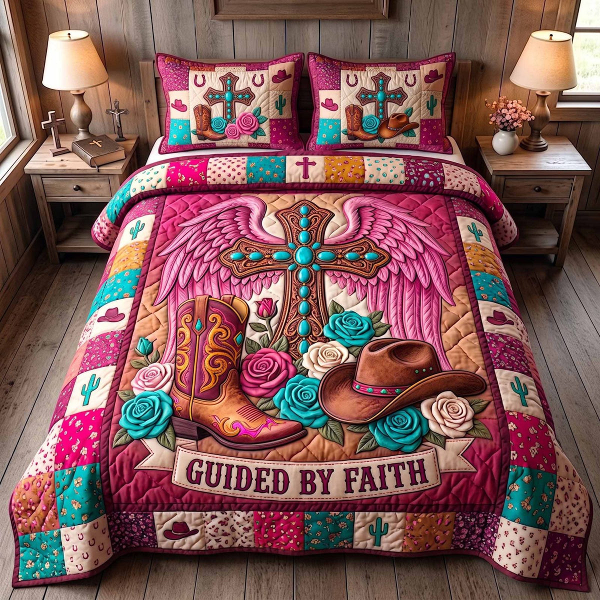 Western Grace Guided Magenta quilted 3-piece bedding set on a made bed in a rustic timber bedroom
