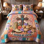 Western Grace Guided Pink quilted 3-piece bedding set on a made bed in a rustic timber bedroom