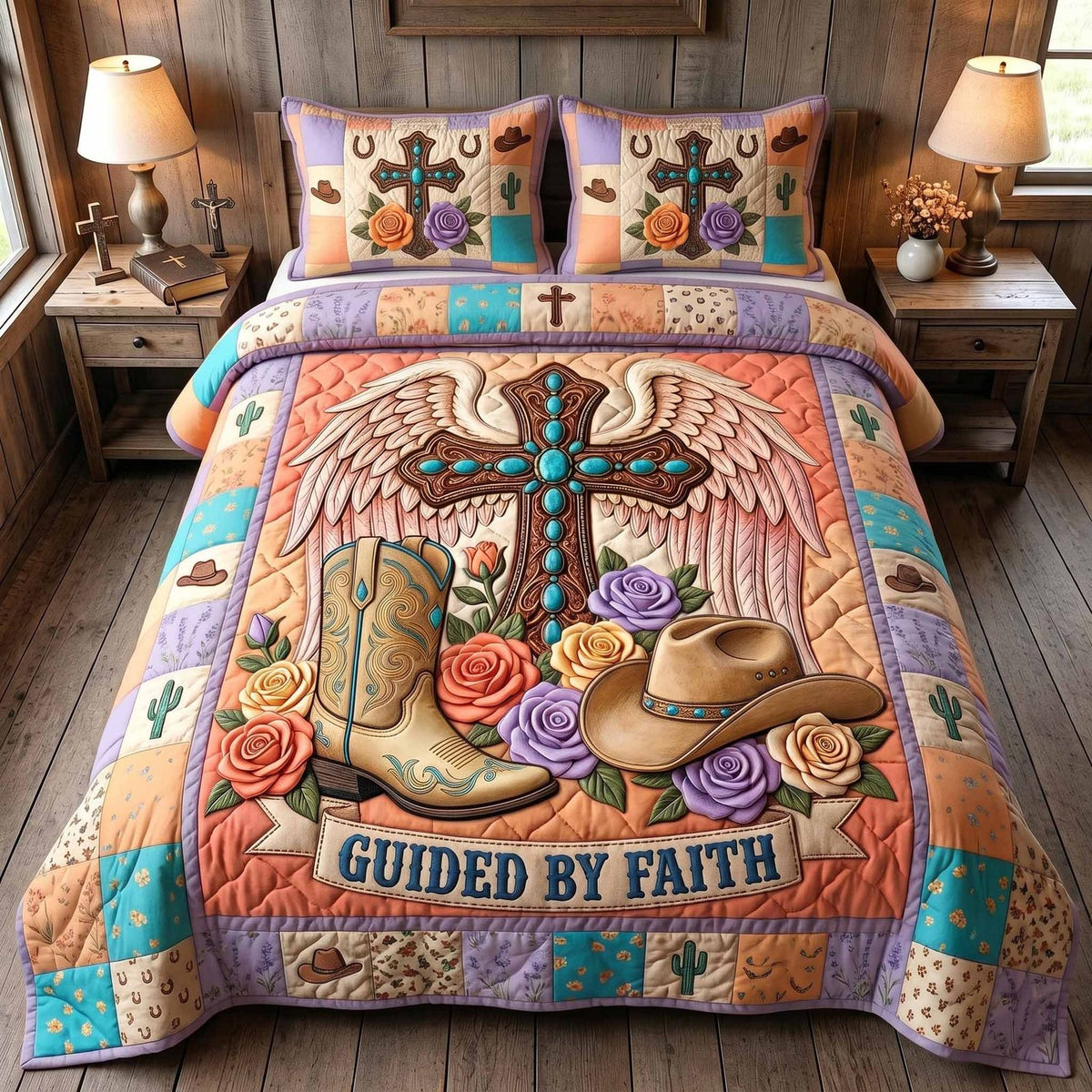 Western Grace Guided Pink quilted 3-piece bedding set on a made bed in a rustic timber bedroom