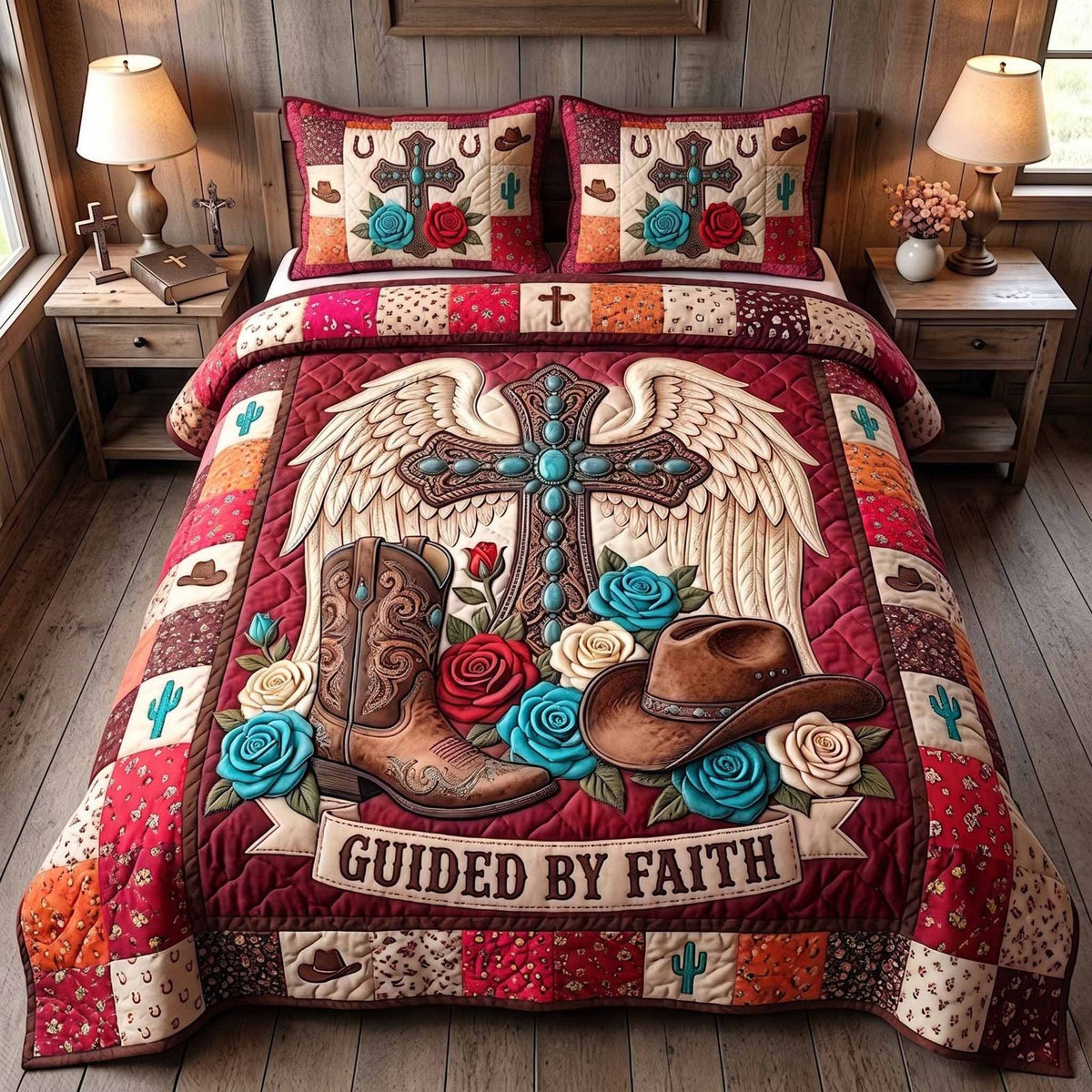 Western Grace Guided Red quilted 3-piece bedding set on a made bed in a rustic timber bedroom