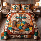 Western Grace Guided Rust quilted 3-piece bedding set on a made bed in a rustic timber bedroom