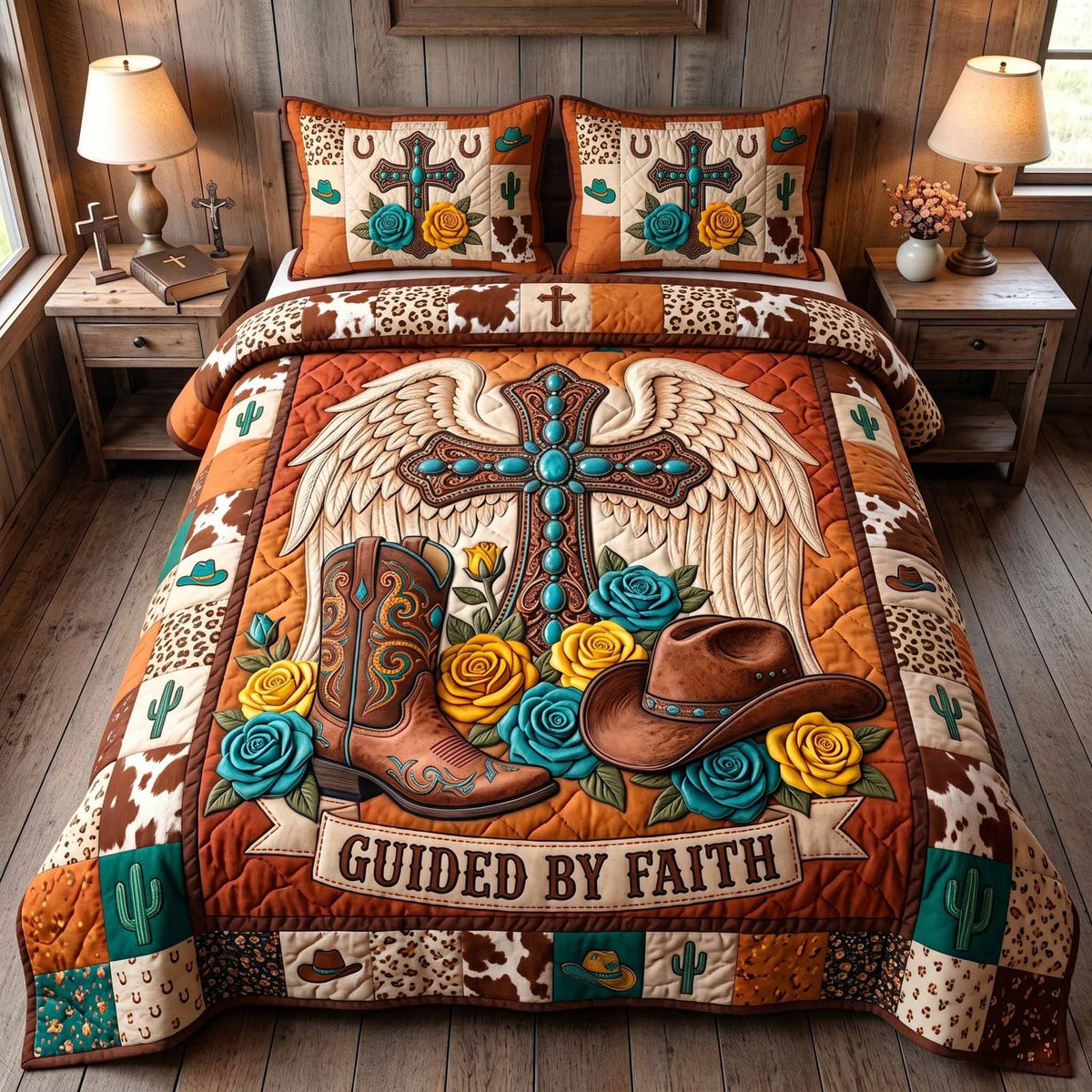 Western Grace Guided Rust quilted 3-piece bedding set on a made bed in a rustic timber bedroom