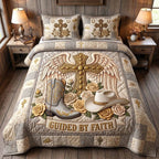 Western Grace Guided White quilted 3-piece bedding set on a made bed in a rustic timber bedroom