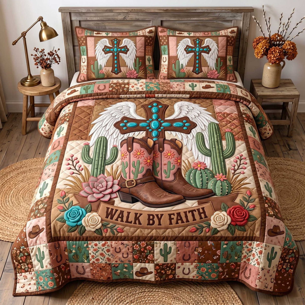 Western Grace Walk Boots quilted 3-piece bedding set on a made bed in a rustic timber bedroom