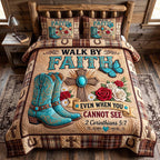 Western Grace Walk Faith Boots quilted 3-piece bedding set on a made bed in a softly lit bedroom