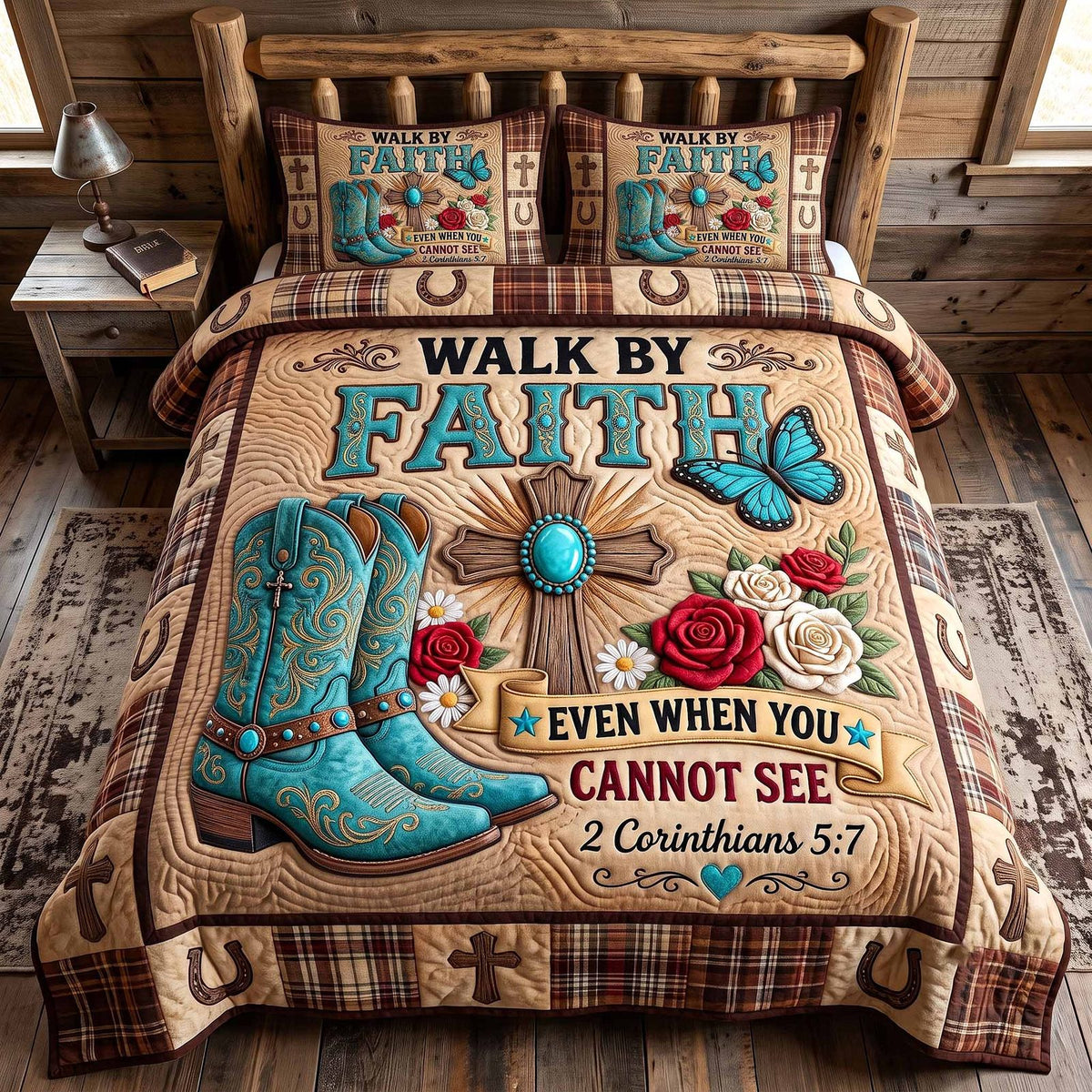 Western Grace Walk Faith Boots quilted 3-piece bedding set on a made bed in a softly lit bedroom