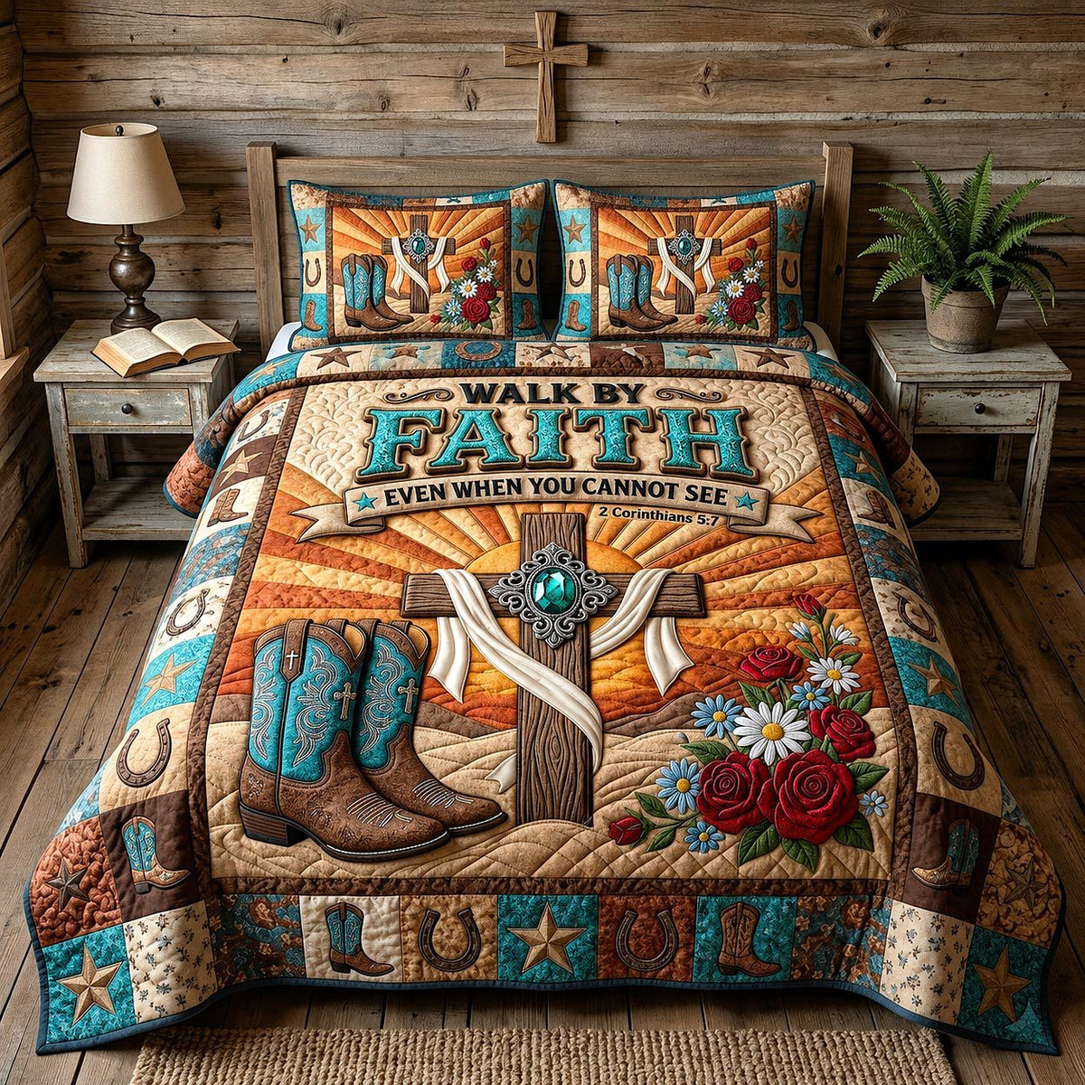 Western Grace Walk Faith Cross quilted 3-piece bedding set on a made bed in a softly lit bedroom
