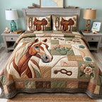 Western Horse And Saddle quilted 3-piece bedding set on a made bed in a rustic timber bedroom