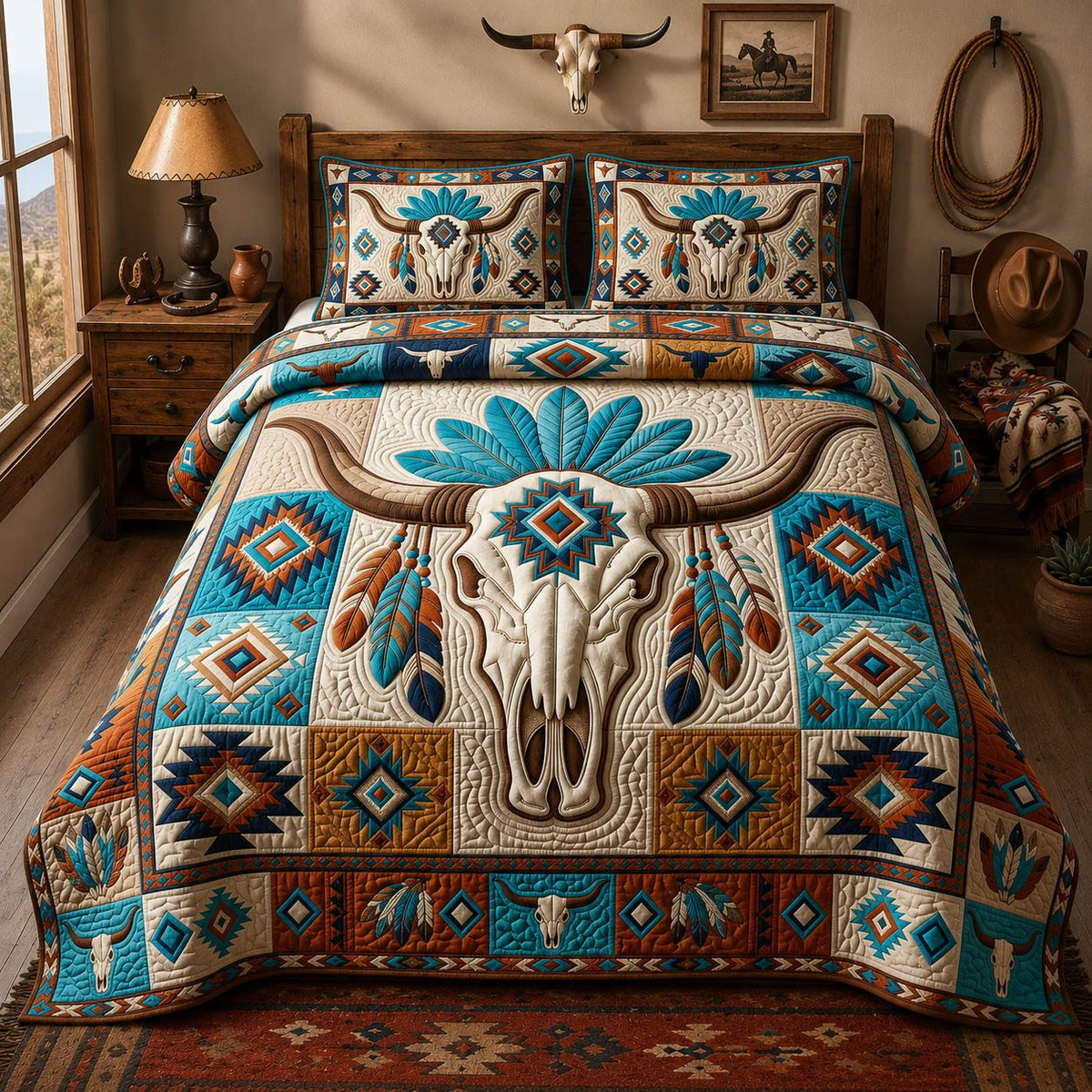 Western Longhorn Cream quilted 3-piece bedding set on a made bed in a rustic timber bedroom