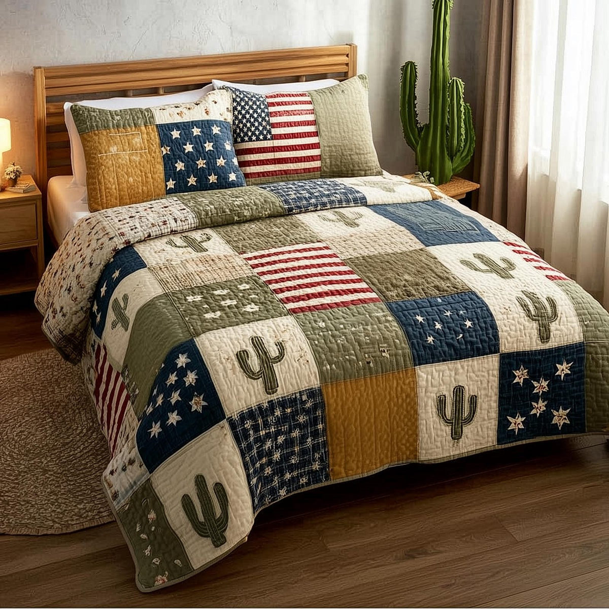 Western Patch Flag quilted 3-piece bedding set on a made bed in a warmly lit bedroom