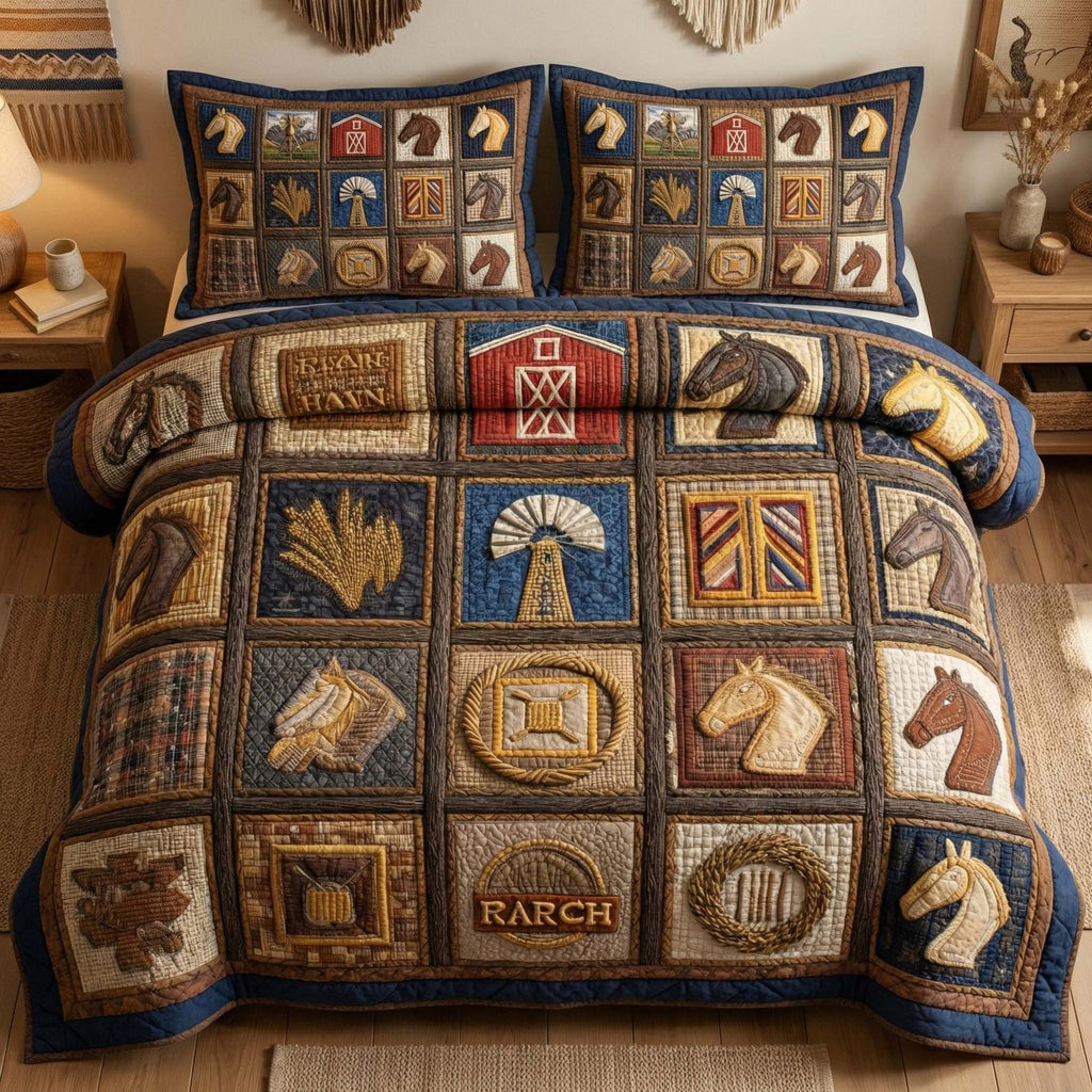 Western Patch Squares quilted 3-piece bedding set on a made bed in a rustic timber bedroom