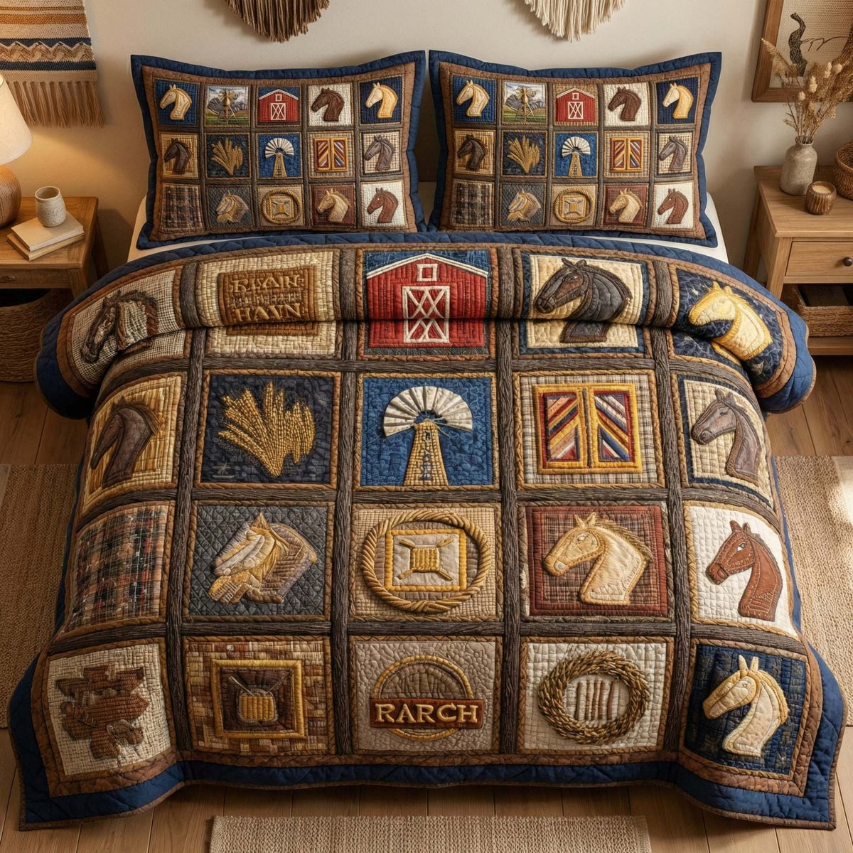 Western Patch Squares quilted 3-piece bedding set on a made bed in a rustic timber bedroom