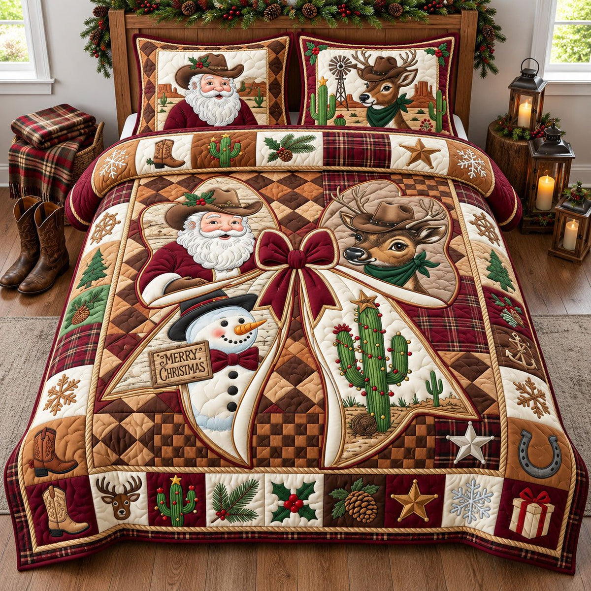 Western Santa Bow quilted 3-piece bedding set on a made bed in a winter-styled bedroom