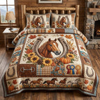 Western Soul Autumn quilted 3-piece bedding set on a made bed in a rustic timber bedroom