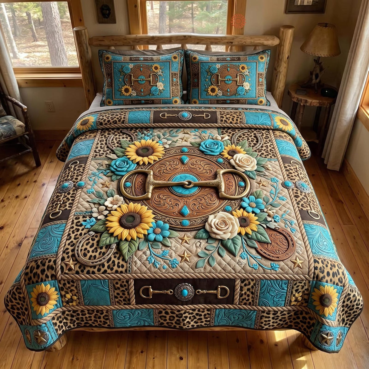Western Soul Bit quilted 3-piece bedding set on a made bed in a rustic timber bedroom