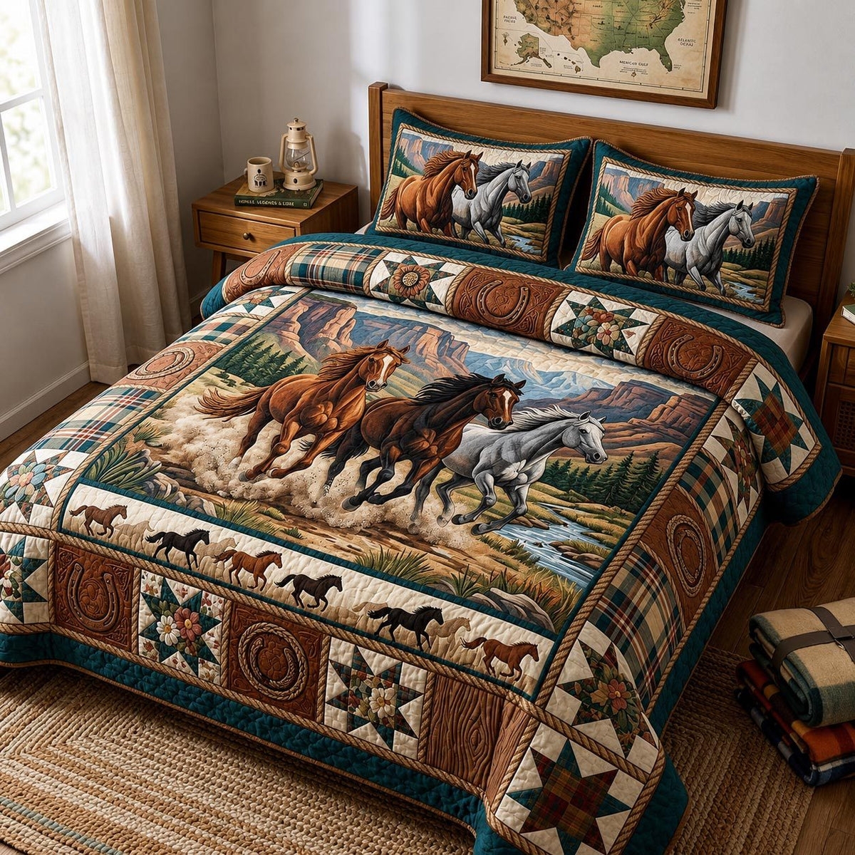 Western Soul Herd quilted 3-piece bedding set on a made bed in a rustic timber bedroom