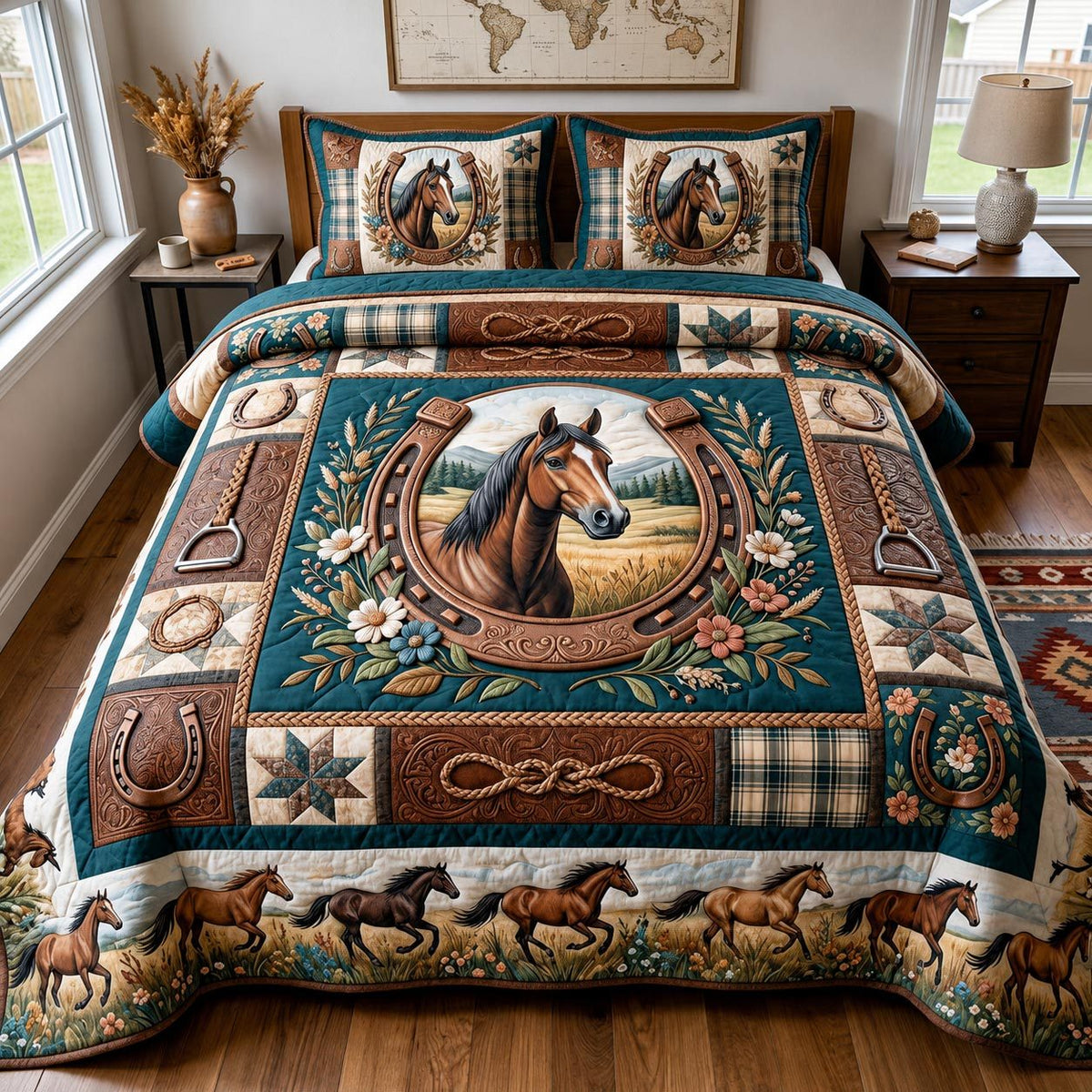 Western Soul Horseshoe Blue quilted 3-piece bedding set on a made bed in a rustic timber bedroom