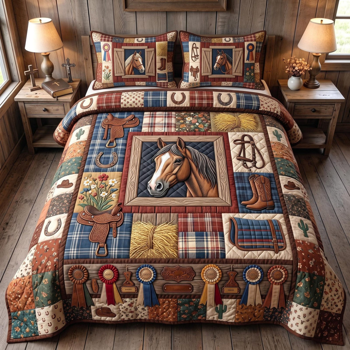 Western Soul Ribbons Cream quilted 3-piece bedding set on a made bed in a rustic timber bedroom